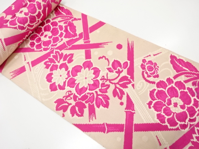 JAPANESE KIMONO / ANTIQUE BOLT FOR HASSUN OBI / WOVEN KIKU & PLANTS